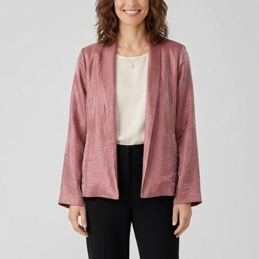 Eileen Fisher Rose Pink Metallic Linen Silk Lined Open Front Blazer Jacket Large